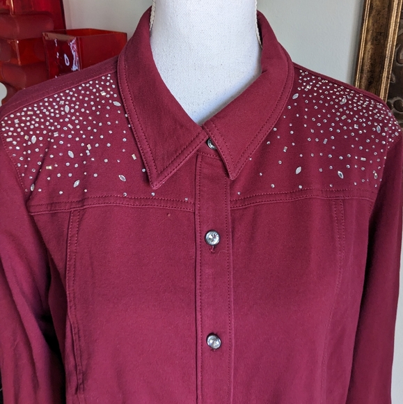 Dream Jeannes By Quacker Factory Wms Large Embellished Button Up Shacket Wine - Picture 2 of 11